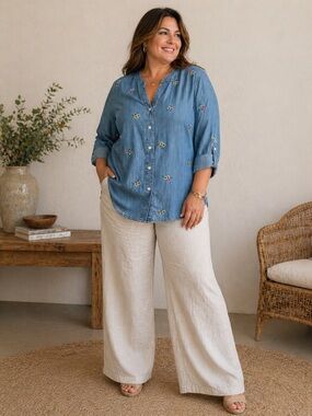 Talbots Embroidered Floral Denim Shirt Blue Cotton Button Down Top